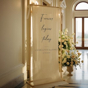 Puede incluir: Una pancarta de boda color crema con el texto "Forever begins today" en escritura elegante. Debajo, se lee "CHARLOTTE & JAMES" y la fecha "07.19.2025". La pancarta se muestra en un marco de madera.