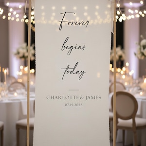 Puede incluir: Un letrero de boda blanco con las palabras "Forever begins today" en una elegante escritura. Debajo, se lee "CHARLOTTE & JAMES" y la fecha "07.19.2025". El letrero est&aacute; enmarcado por postes de madera.