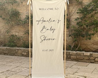 Materiałowy napis powitalny na baby shower, dekoracja na baby shower Hello World, spersonalizowany baner na baby shower, napis Baby in Bloom, informacja o płci chłopca lub dziewczynki