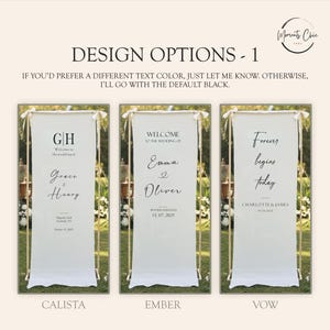 Puede incluir: Opciones de dise&ntilde;o de pancartas de boda. Se muestran tres pancartas blancas con marcos dorados. Cada pancarta tiene texto negro con diferentes frases y nombres relacionados con la boda. Las pancartas est&aacute;n etiquetadas como Calista, Ember y Vow.