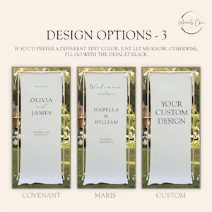 Puede incluir: Tres opciones de dise&ntilde;o de pancartas de boda. Las pancartas son blancas con marcos dorados. La primera pancarta dice "Bienvenida a Olivia y James" con la fecha y el lugar. La segunda pancarta dice "Bienvenida a la boda de Isabella & William" con la fecha y el lugar. La tercera pancarta dice "Tu dise&ntilde;o personalizado."