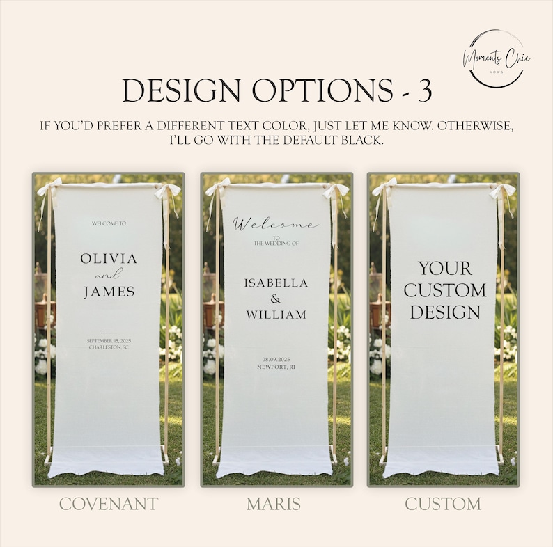Puede incluir: Tres opciones de dise&ntilde;o de pancartas de boda. Las pancartas son blancas con marcos dorados. La primera pancarta dice "Bienvenida a Olivia y James" con la fecha y el lugar. La segunda pancarta dice "Bienvenida a la boda de Isabella & William" con la fecha y el lugar. La tercera pancarta dice "Tu dise&ntilde;o personalizado."