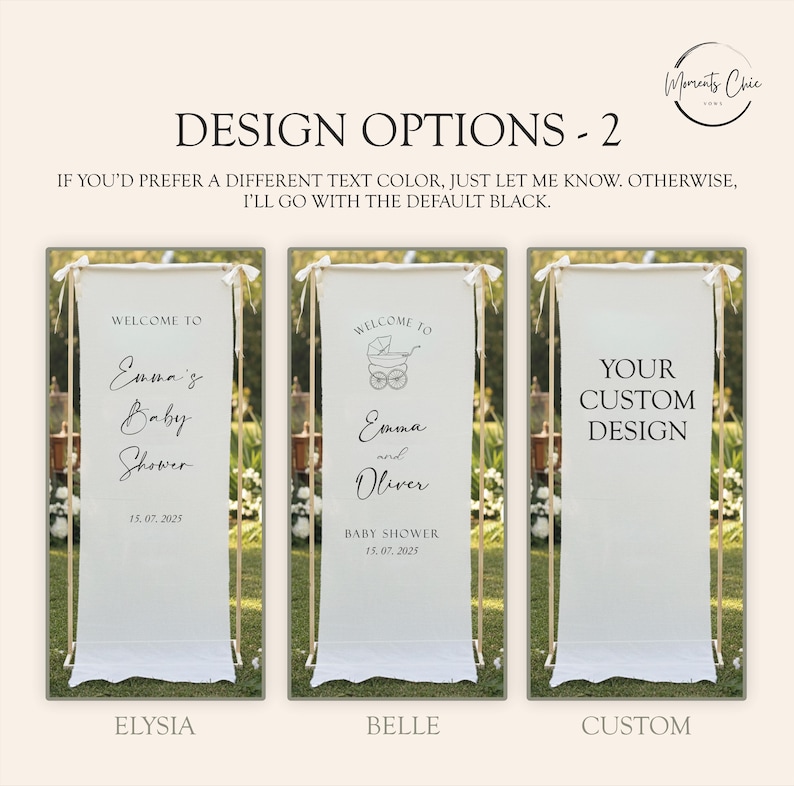 Może przedstawiać: Trzy pionowe banery z tkaniny na złotych stojakach, oznaczone jako Elysia, Belle i Custom. Banery zawierają czarny tekst i grafikę, w tym 'Welcome to Emma's Baby Shower', ikonę w&oacute;zka dziecięcego oraz napis 'Your Custom Design'.