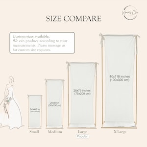 Puede incluir: Tabla comparativa de tama&ntilde;os de banners de tela blanca sobre marcos de madera. Las medidas se indican en pulgadas y cent&iacute;metros, con el banner m&aacute;s grande de 100x300 cm. Texto indica tama&ntilde;os personalizados disponibles.