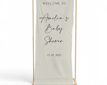 Spersonalizowany napis powitalny na baby shower – baner z materiału „Baby in Bloom” – spersonalizowana dekoracja na baby shower, flaga z informacją o płci dziecka, spersonalizowany baner urodzinowy