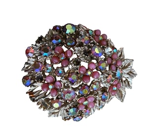Vintage Signed ART Strawberry AB Rhinestone Pink Bead Floral Brooch Pin 2" READ