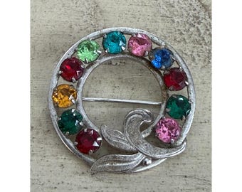 Vintage Van Dell Sterling Multi-Color Rainbow Rhinestone Wreath Circle Brooch 9g