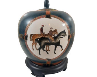 Vintage WBI Equestrian ingefärsburk hästjockey handmålad urna Chinoiserie
