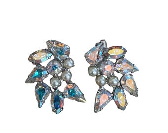 Vintage B. DAVID Signed AB Rhinestone Pearl Climbing Clip Earrings Silver Tone