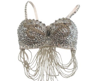 Reggiseno vintage burlesque con paillettes di cristallo, frange e perline, spalline regolabili, taglia 34/75