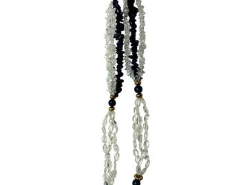 Vintage Multi-Strand Glass Clear Bead Crystal, Blue Stones Goldtone 16" Necklace