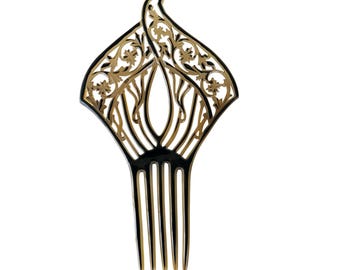 Vintage art-nouveaustijl bloemen statement grote kam zwart goudtint