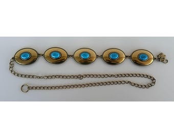 Chicos Gold-Tone Belt Turquoise Colored Bead Oval Medallions & Chain Links 50"