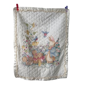 Vintage Hand Cross Stitched Baby Crib Quilt Bunny Rabbit Beatrix Potter Nursery Decor Heirloom Pastel Cottage Core 80s 90s