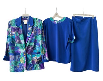 Vintage 80s Pierre Lamonte 3 pc Skirt Suit Blazer Blouse Gold Abstract Print 10