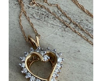 Vintage Signed SE 14K Gold & Diamond Heart Pendant B-G 14k Rope Chain 3g