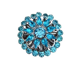 Vintage Blue Rhinestone Flower Brooch Pin Silver-Tone MCM Sparkling 2"