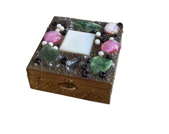 Vintage Jeweled Pill Box Mosaic Jade Pearl Pink Opal Cabochon Brass Hinged 50s