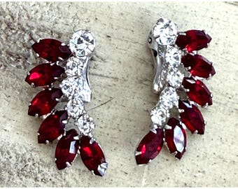 David Sigal Clip Earrings Silver Tone Red Marquise Clear Stones Signed Vintage