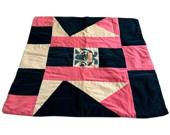 Handmade Vintage Velvet Pink Navy White Duck Quilt Satin Back Blanket 32x38"