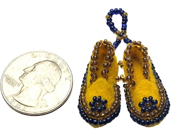 Vintage Handmade Native American Miniature Seed Beaded Moccasins Yellow Felt