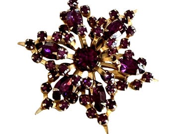 Vintage Amethyst Purple Rhinestone Star Snowflake Brooch Silver Tone Open Back