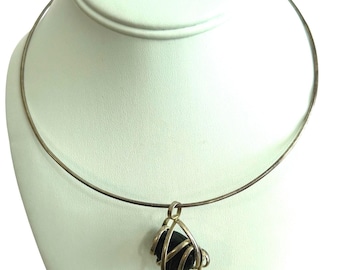 Vintage Artisan Collar Silver Wire Wrapped Brown Stone Pendant Necklace 18"