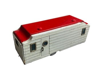 Vintage Tin Bandai House Van Trailer 9" Made In USA Collectible With Red Roof & White Body