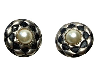 Vintage Silver Clip-On Earrings Black Geometric Design Faux Pearl Center 1 1/4"