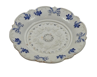 Antique German White Blue on White Relief Floral Bowl Embossed Scalloped Edges