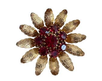 Vintage Bright Gold-Tone Floral Brooch Red Rhinestone Accents Ornate 2"