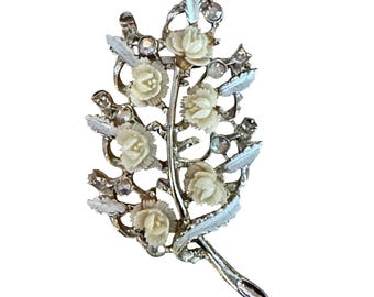 Vintage Celluloid White Rose Floral Spray Brooch Silver Tone Rhinestone 1950s