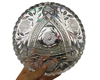 Antik amerikansk briljantperiod ABP-slipen kristallskål Intaglio blommig Hobstar