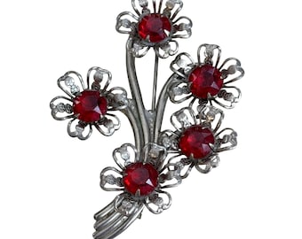 Vintage 1940s Silver Red Rhinestone Floral Spray Brooch 3"