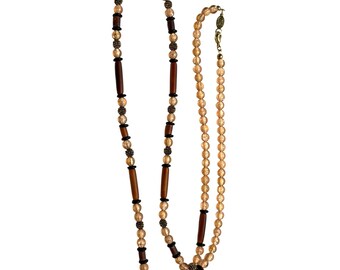 Vintage Carolina Herrera Gold & Brown Color Beaded Necklace 31" Signed CH Earth Tones Elegant Jewelry