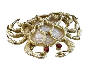 Vintage GERRYS Crab Brooch Gold Tone Mother of Pearl Red Rhinestone Eyes Signed