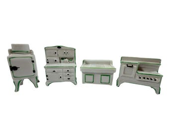 Vintage 4 Miniature Ceramic Kitchen Dollhouse Furniture White Green Japan