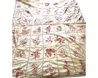 Vintage Redwork Broderad Quilt Handsydda Block Folkmotiv Redwork JF