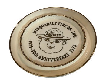 Vintage Minquadale Fire Co. 50th Anniversary Smokey Bear Plate 1925-1975 Gold Trim Ceramic