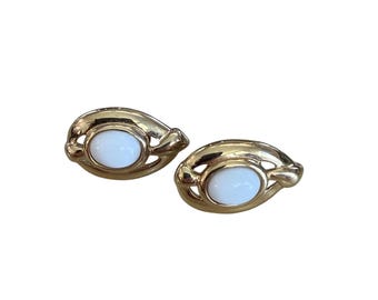 Vintage Trifari Gold-Tone Oval Clip-On Earrings With White Cabochon Accents