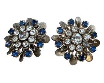Vintage Set 2 Flower Blue Clear Rhinestones Brooches Silver Tone Matching 1.25"
