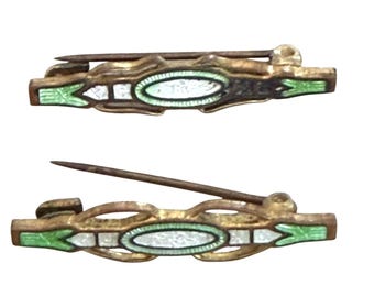 Vintage 1" Tiny Eduardian Art Deco Enamel Bar Pins Green & White Accents Set 2