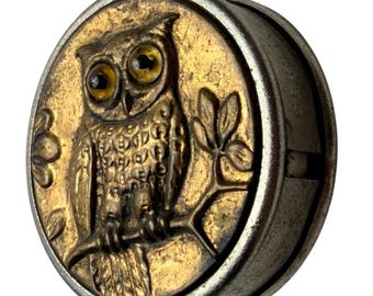 Vintage Antique 1 1/4" Cloth Measuring TAPE Brass OWL Glass Eyes Germany - tape tab is AI
