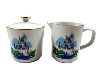 Walt Disney World Creamer & Sugar Bowl Gold Trim Japan Cinderella Castle Design