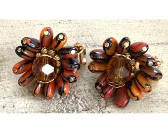 Vintage HOBE Signed Autumn Orange Black Art Glass Bead Cluster Clip Earrings