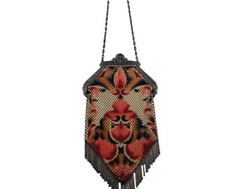 Vintage Mandalian Mfg Co Art Deco Mesh Bag Floral Design & Chain Fringe Detailing