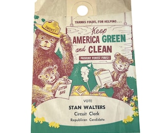 Vintage Smokey The Bear Auto Trash Bag Stan Walters Campaign 8" X 11" Keep America Green Clean