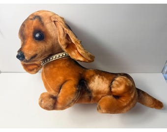Vintage Avlon Brown Velvet Dachshund Plush Dog With Pearl Collar 16"