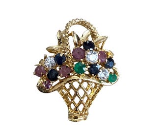 Vintage 1" Gold Tone Floral Basket Brooch Multi-Color Rhinestones