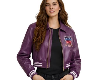 Handmade Women Purple Cropped Leather Jacket Vintage Biker Style Fashion Coat